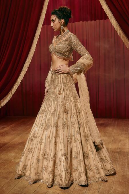 Shop_Roqa_Gold Net Embroidery, Sequins V-neck Ivy Lehenga Set _Online_at_Aza_Fashions
