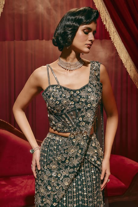 Roqa_Gold Net Sequins, Zari, Metallic Thread Beatrice Pre-draped Saree And Blouse Set _Online_at_Aza_Fashions