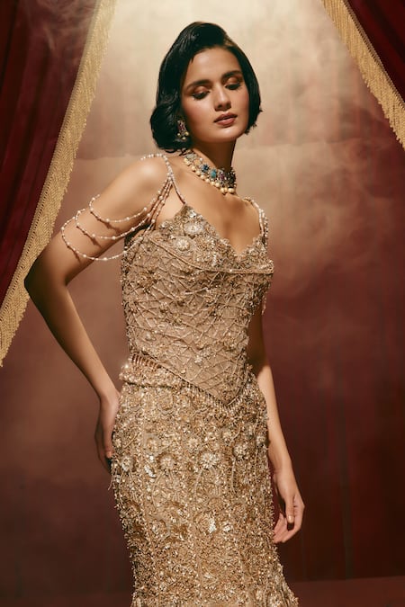 Roqa_Rose Gold Net Embroidery, Sequins, Stones Sweetheart Neck Elizabeth Lehenga Set _Online_at_Aza_Fashions