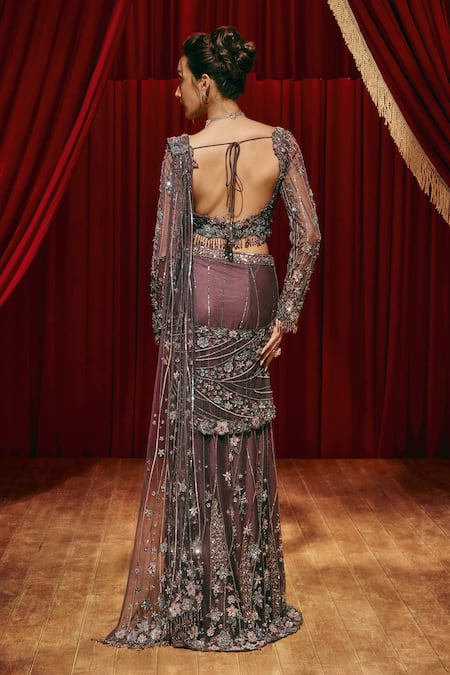 Roqa Violet Embellished Net Pre-Draped Saree & Blouse Set 