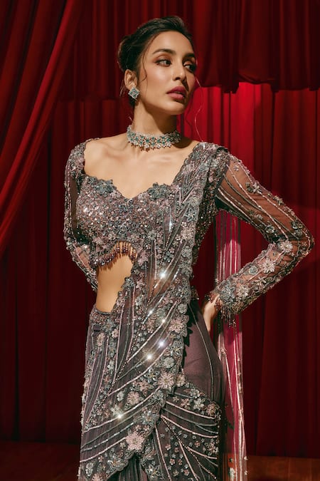 Roqa_Purple Net Embroidery, Sequins Violet Embellished Pre-draped Saree And Blouse Set _Online_at_Aza_Fashions