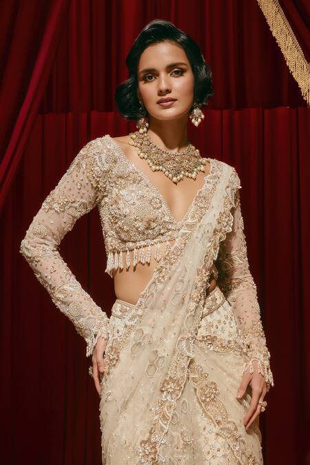 Roqa_Gold Net Embroidery, Sequins, Pearls V-neck Eleanor Saree And Blouse Set _Online_at_Aza_Fashions