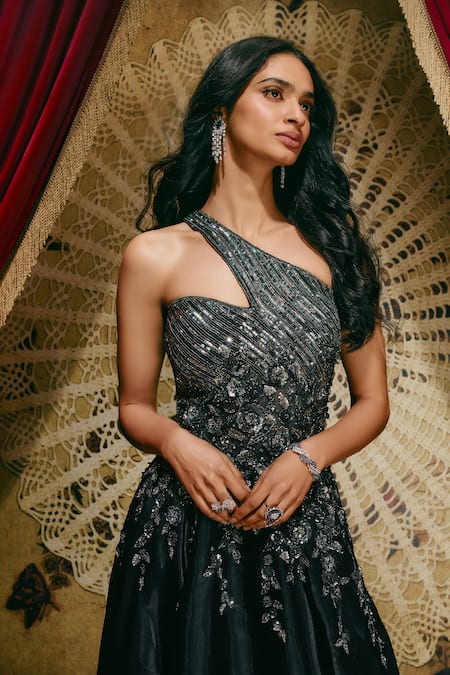 Roqa_Blue Organza, Net Sequins, Beads One Shoulder Edith Embellished Gown _Online_at_Aza_Fashions