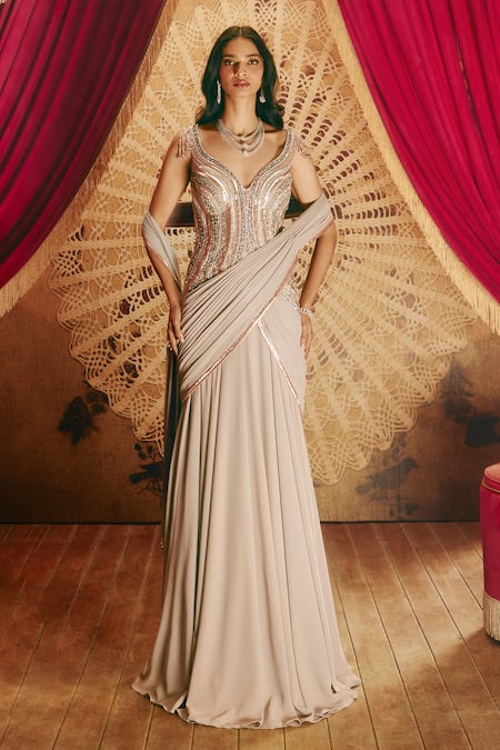 Roqa Lydia Bead Embroidered Saree Gown 