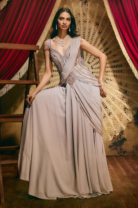 Roqa_Silver Georgette Embroidery, Beads V-neck Lydia Saree Gown _Online_at_Aza_Fashions