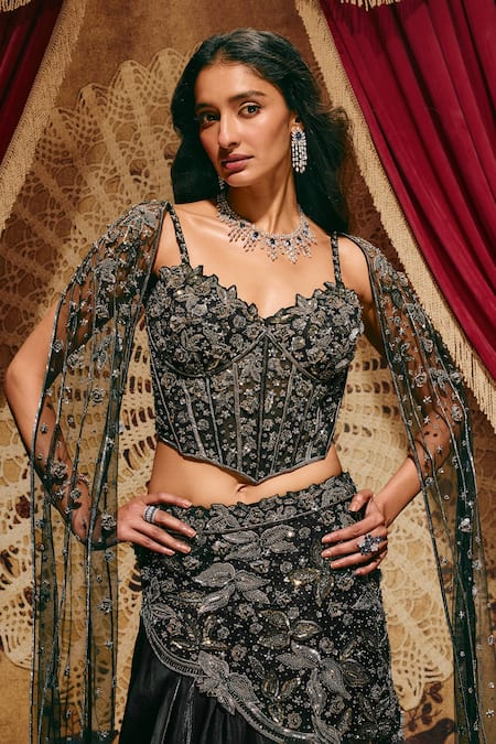 Buy Roqa Black Net, Organza Embroidery Sweetheart Neck Prudence Blouse And Skirt Set Online at Aza Fashions Buy_Roqa_Black Net, Organza Embroidery Sweetheart Neck Prudence Blouse And Skirt Set _Online_at_Aza_Fashions