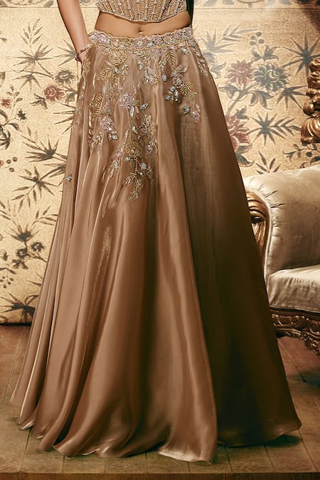 Roqa_Gold Net, Silk Organza Sequins, Beads, Minerva Embroidered Blouse And Lehenga Set _Online_at_Aza_Fashions