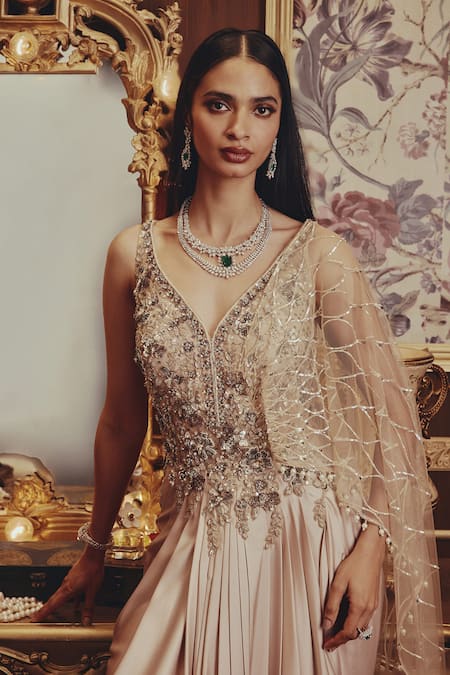 Roqa_Beige Satin, Net, Modal Sequins, Beads V-neck Jane Embellished Pleated Gown _Online_at_Aza_Fashions