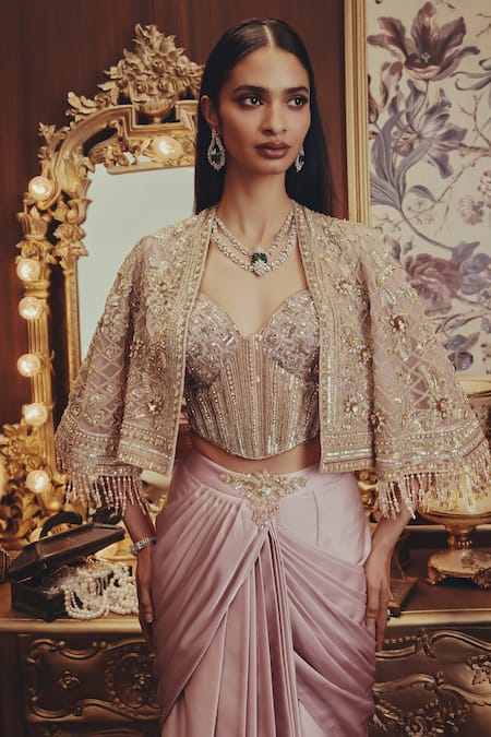 Shop_Roqa_Pink Net, Satin, Modal Sequins, Beads, Pearls, Stones Cosmic And Skirt Set _Online_at_Aza_Fashions