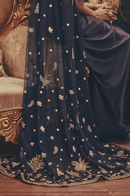 Buy_Roqa_Gold Net, Satin, Modal Embroidery Round Neck Harriet Cape Set _Online_at_Aza_Fashions