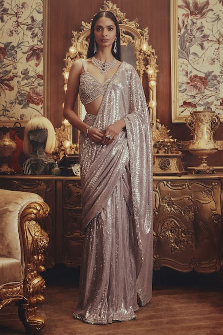 Roqa Ada Sequinned Net Pre-Draped Saree Set 