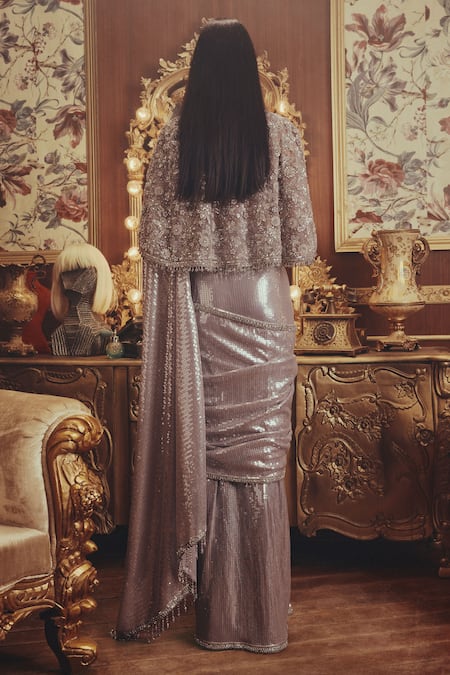 Roqa Ada Sequinned Net Pre-Draped Saree Set 