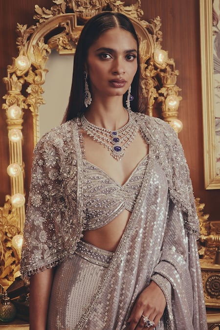 Buy_Roqa_Silver Net Sequins, Beads, Stones Sweetheart Neck Ada Pre-draped Saree Set _Online_at_Aza_Fashions