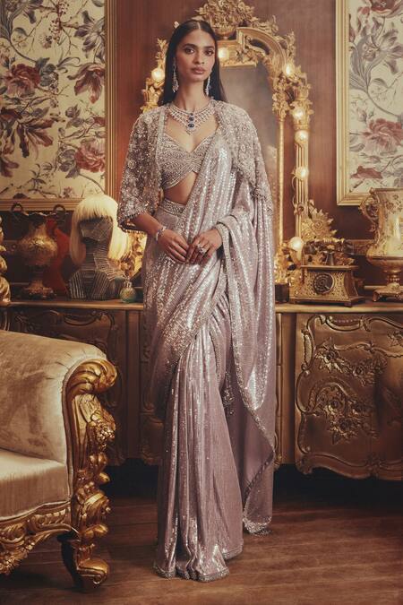 Shop_Roqa_Silver Net Sequins, Beads, Stones Sweetheart Neck Ada Pre-draped Saree Set _Online_at_Aza_Fashions