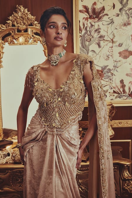 Roqa_Gold Net, Lycra Sequins, Beads, Pearls, Celestine Shimmer Corset And Saree Set _Online_at_Aza_Fashions