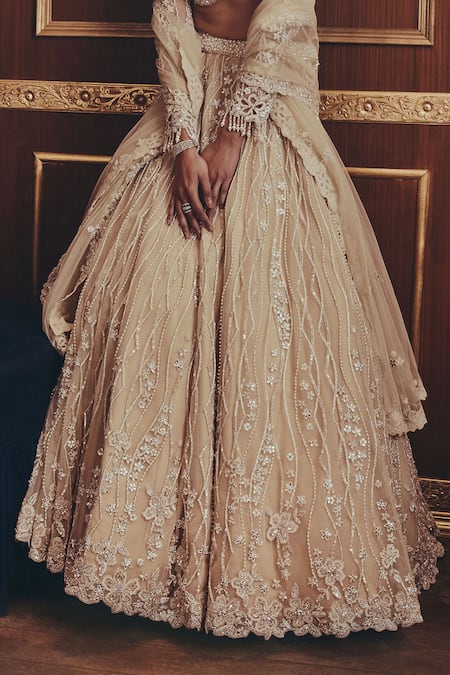 Roqa_Ivory Net Embroidery, Sequins Sweetheart Neck Josephine Embellished Lehenga Set _Online_at_Aza_Fashions