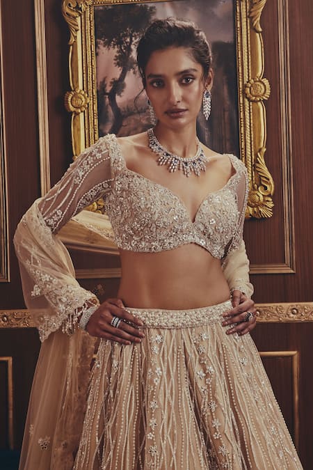 Buy_Roqa_Ivory Net Embroidery, Sequins Sweetheart Neck Josephine Embellished Lehenga Set _Online_at_Aza_Fashions