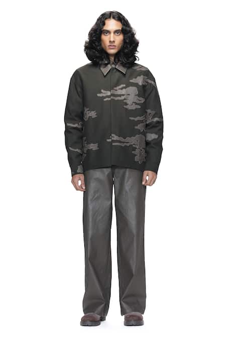 Shop_Countrymade_Olive Green Cotton, Denim Applique Inferno Camo Canvas Jacket _Online_at_Aza_Fashions