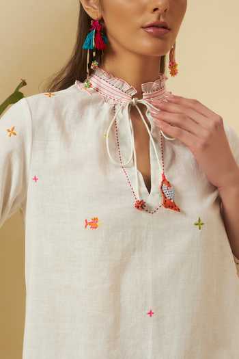 Nikasha_Multi Color Cotton Embroidery, Tassels Split V-neck Ivory Tie Up Shirt Top _Online_at_Aza_Fashions