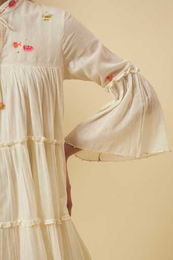 Nikasha_Ivory Cotton Embroidery Keyhole Neck Mini Tiered Dress _Online_at_Aza_Fashions