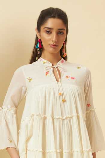 Buy_Nikasha_Ivory Cotton Embroidery Keyhole Neck Mini Tiered Dress _Online_at_Aza_Fashions