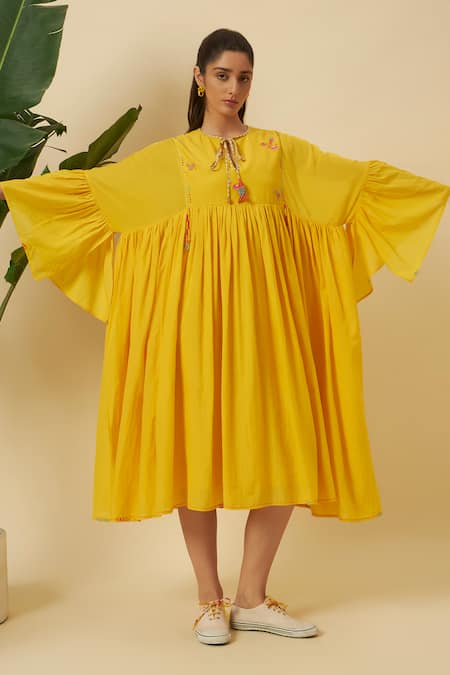 Nikasha Yellow Gathered Midi Dress 