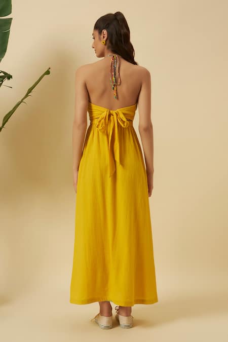 Nikasha Yellow Seersucker Halter Tie-Up Dress 