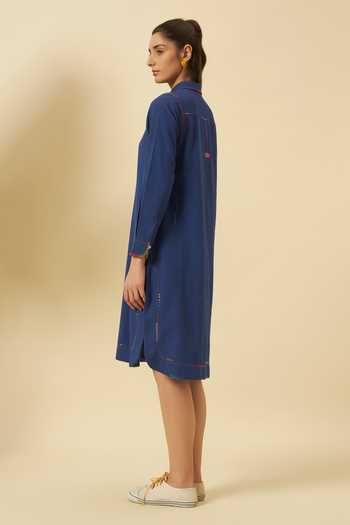 Nikasha_Blue Collared Indigo Seersucker Apple Cut Shirt Dress _Online_at_Aza_Fashions