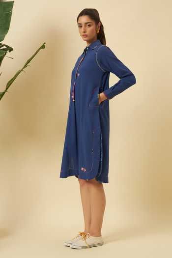 Buy_Nikasha_Blue Collared Indigo Seersucker Apple Cut Shirt Dress _Online_at_Aza_Fashions
