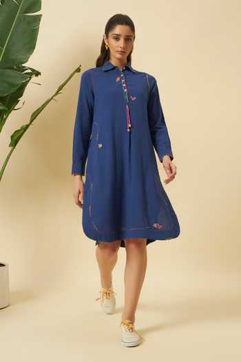 Shop_Nikasha_Blue Collared Indigo Seersucker Apple Cut Shirt Dress _Online_at_Aza_Fashions