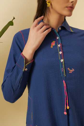 Nikasha_Blue Collared Indigo Seersucker Apple Cut Shirt Dress _at_Aza_Fashions