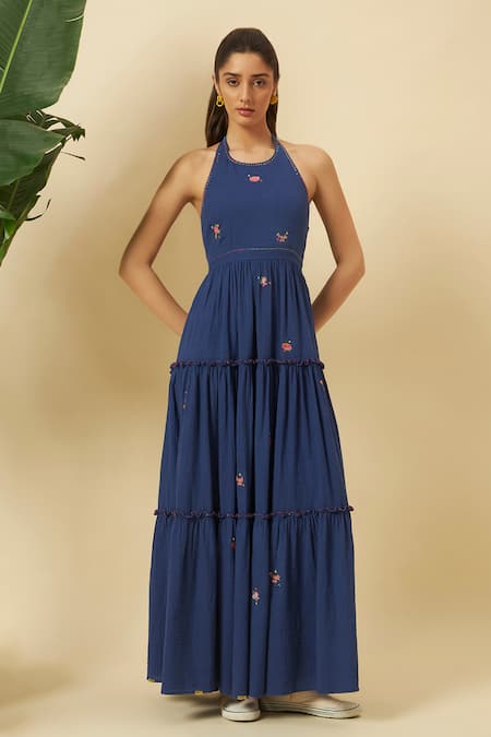 Nikasha Indigo Seersucker Halter Tiered Dress 