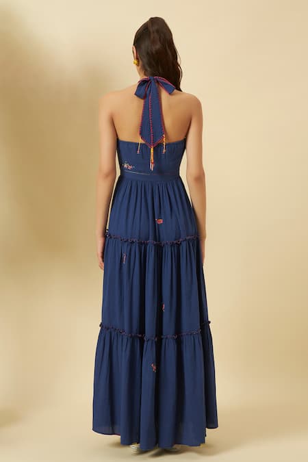 Nikasha Indigo Seersucker Halter Tiered Dress 