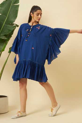 Nikasha_Blue Cotton Embroidery, Tassels Round Neck Indigo Midi Dress _Online_at_Aza_Fashions