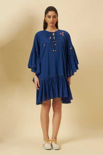 Buy_Nikasha_Blue Cotton Embroidery, Tassels Round Neck Indigo Midi Dress _Online_at_Aza_Fashions