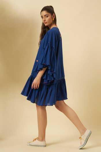 Shop_Nikasha_Blue Cotton Embroidery, Tassels Round Neck Indigo Midi Dress _Online_at_Aza_Fashions