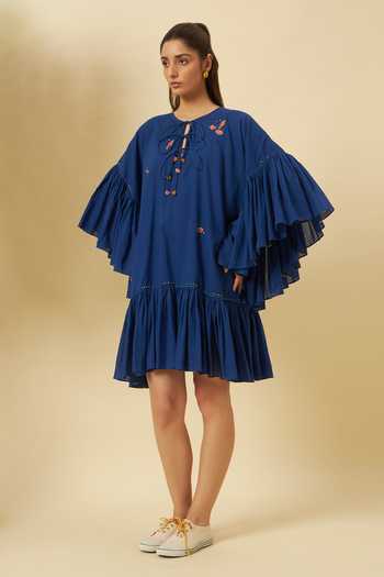 Nikasha_Blue Cotton Embroidery, Tassels Round Neck Indigo Midi Dress _at_Aza_Fashions