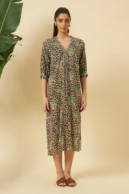 Nikasha Leopard Print Gauze Braided Kaftan 