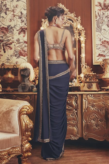 Buy_Roqa_Navy Net, Georgette Embroidery, Sequins, Zari Martha Pre-draped Saree Set _Online_at_Aza_Fashions