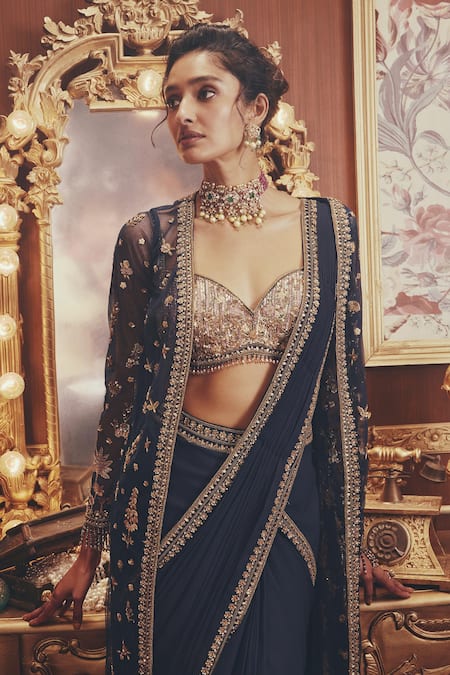 Shop_Roqa_Navy Net, Georgette Embroidery, Sequins, Zari Martha Pre-draped Saree Set _Online_at_Aza_Fashions