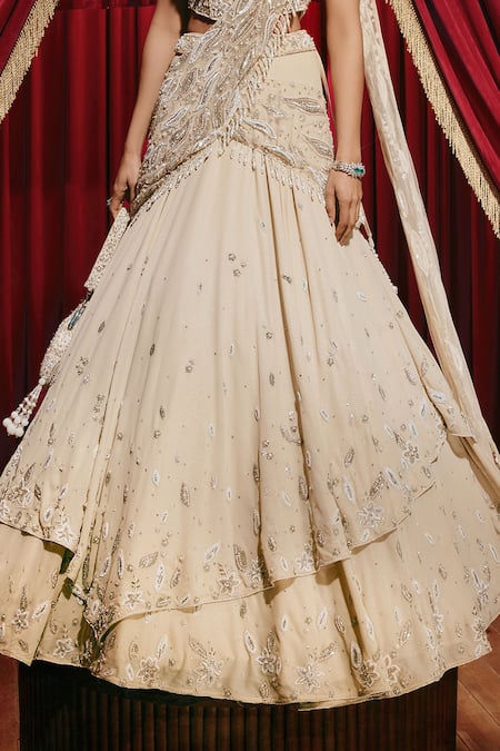 Roqa_Ivory Net, Georgette Embroidery, Sequins, Lizzie Shimmer Layered Lehenga Set _Online_at_Aza_Fashions