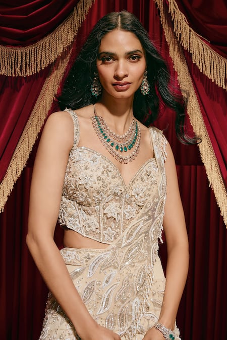 Buy_Roqa_Ivory Net, Georgette Embroidery, Sequins, Lizzie Shimmer Layered Lehenga Set _Online_at_Aza_Fashions