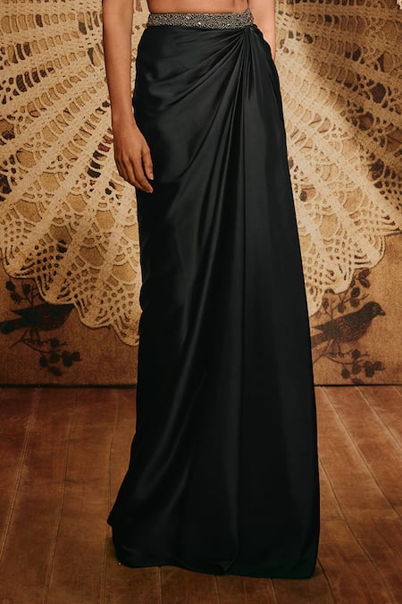 Roqa_Black Satin, Net, Modal Sequins, Beads Sweetheart Neck Ruth Draped Skirt Set _Online_at_Aza_Fashions