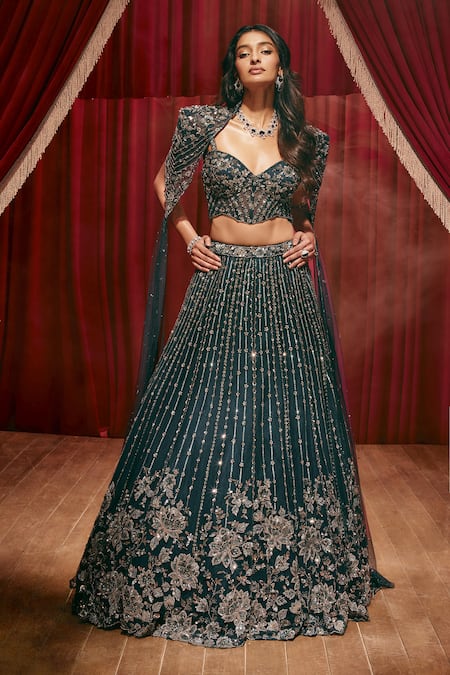 Roqa_Blue Net Embroidery, Sequins, Stones Sweetheart Neck Susanna Lehenga Set _Online_at_Aza_Fashions
