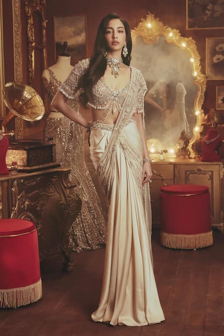 Buy_Roqa_Ivory Modal, Net Sequins, Beads, Pearls, Irene Pre-draped Saree And Blouse Set _Online_at_Aza_Fashions