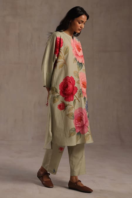 Buy_Roza_Pink Linen Mandarin Collar, Yes Lilibet Printed Kurta And Pant Set _Online_at_Aza_Fashions