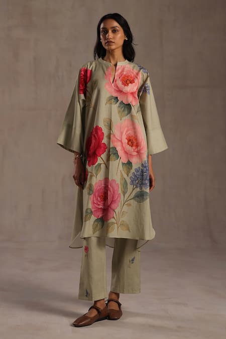 Shop_Roza_Pink Linen Mandarin Collar, Yes Lilibet Printed Kurta And Pant Set _Online_at_Aza_Fashions