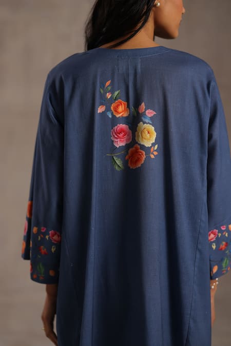 Shop_Roza_Blue Linen V-neck, Yes Seraphina Printed Phiran Kurta And Pant Set _Online_at_Aza_Fashions