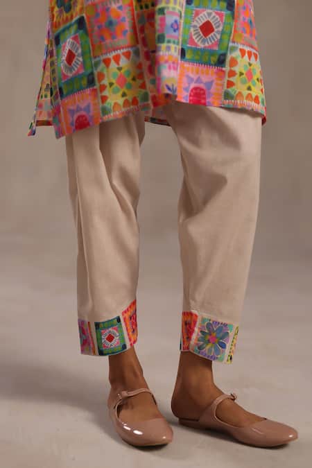 Shop_Roza_Multi Color Linen Round Neck Isabella Patchwork Print Kurta And Pant Set _Online_at_Aza_Fashions
