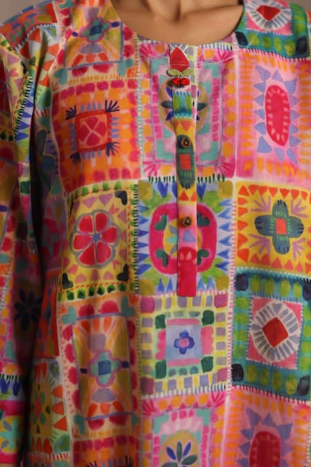 Buy_Roza_Multi Color Linen Round Neck Isabella Patchwork Print Kurta And Pant Set 